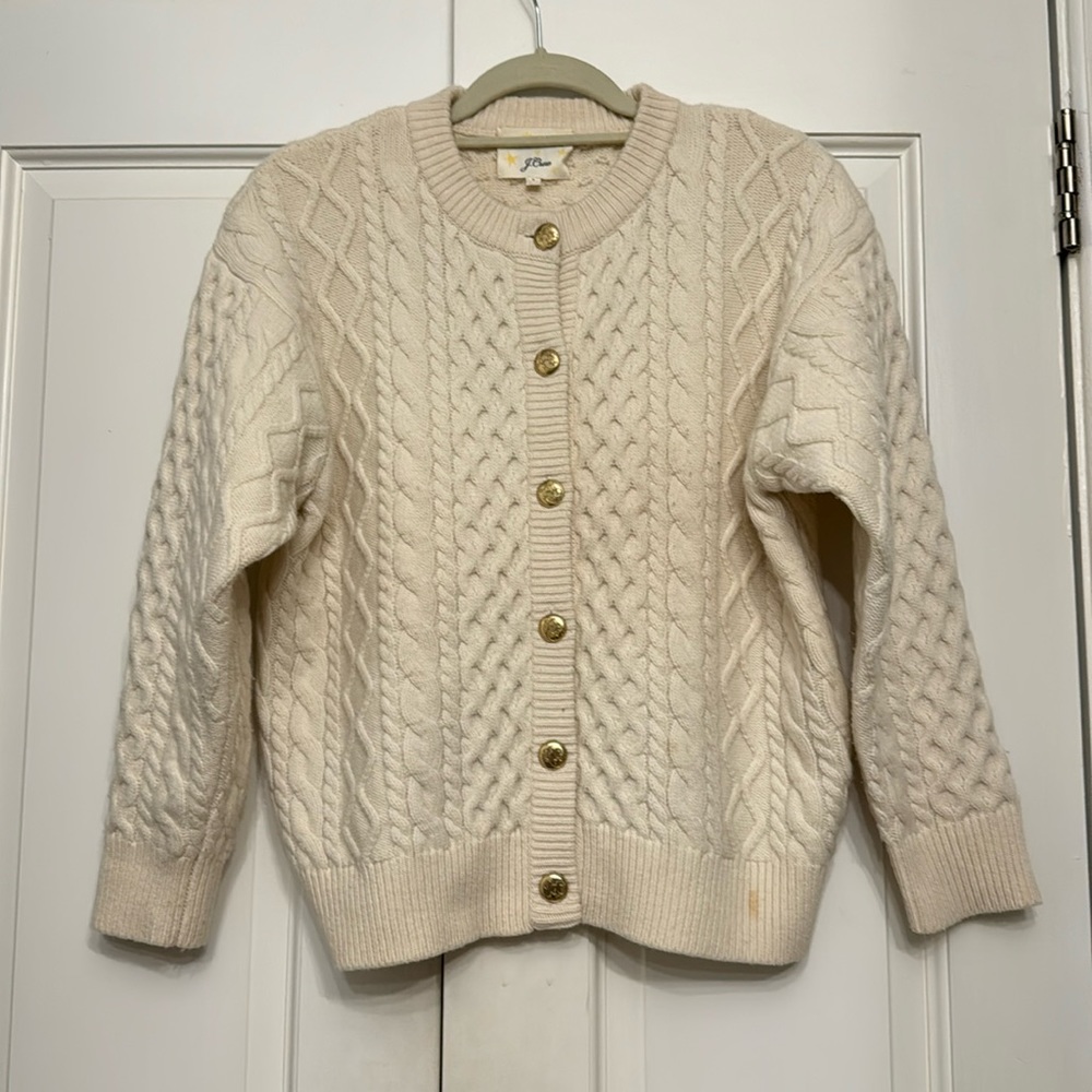 Demy Lee x J.Crew cable cardigan with gold buttons.